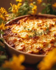 Kartoffelauflauf mit Hackfleisch frisch aus dem Ofen.