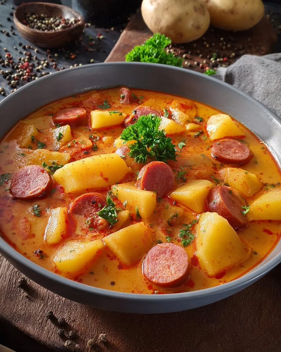 Kartoffelgulasch mit Rindswurst auf einem Teller serviert