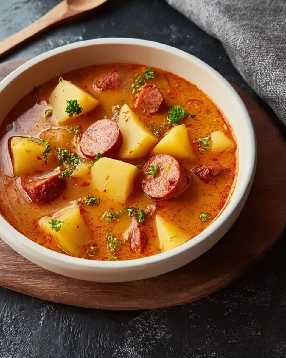 Schüssel mit Kartoffelgulasch und Würstchen, ein herzhaftes Gericht
