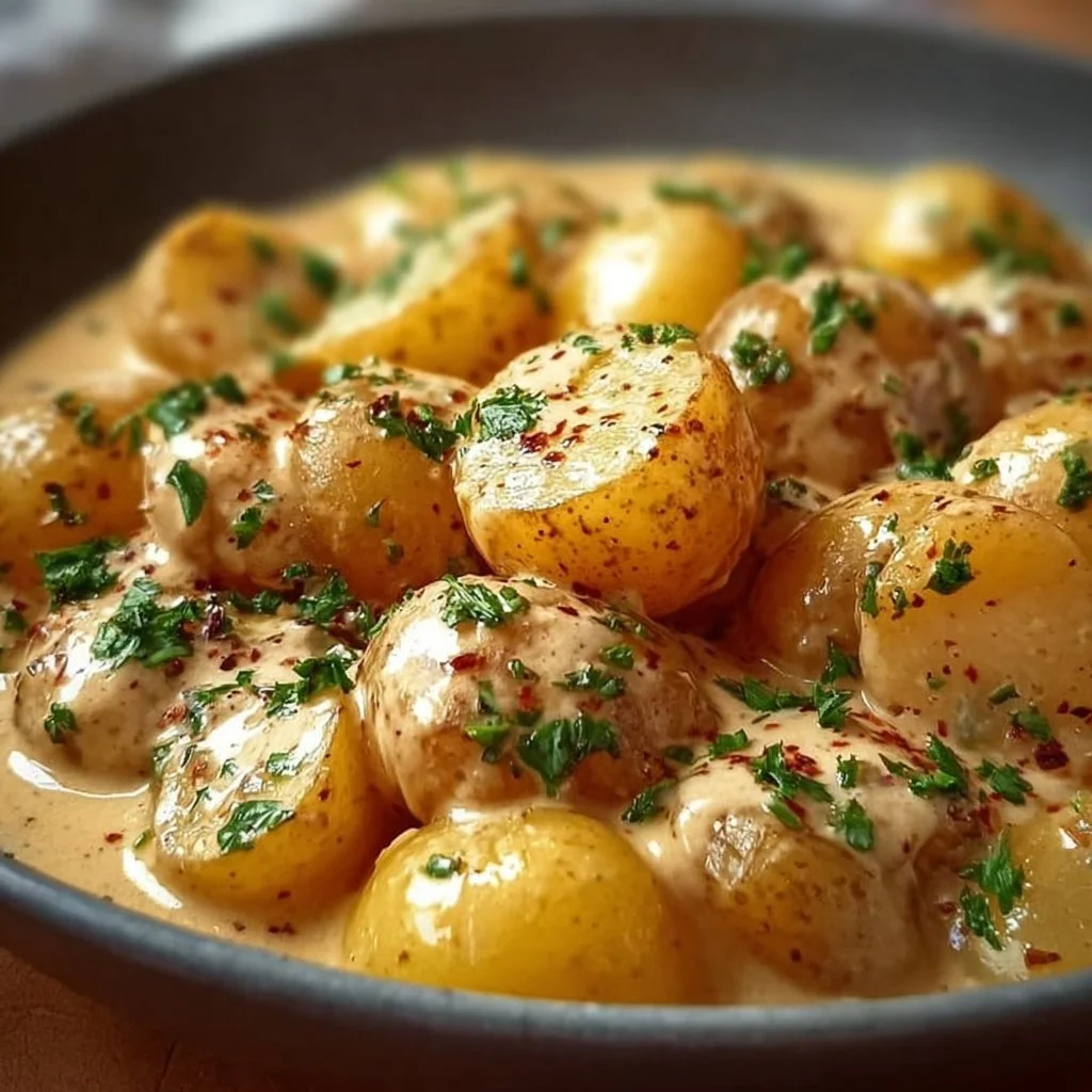 Schüssel mit Kartoffeln in Knoblauch-Sahnesauce
