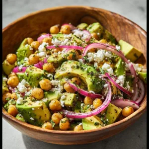 Kichererbsen-Feta-Avocado-Salat mit frischem Gemüse und Dressing