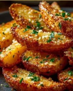 Knusprige Kartoffelspalten mit Knoblauch und Parmesan auf einem Teller