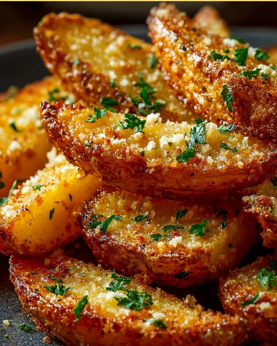 Knusprige Kartoffelspalten mit Knoblauch und Parmesan auf einem Teller