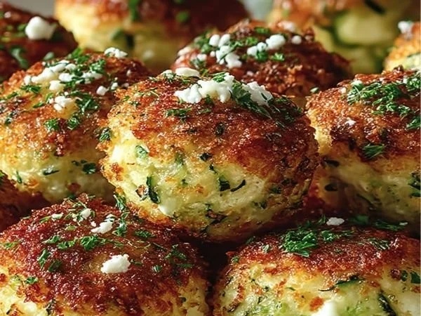 Knusprige Zucchini-Feta-Bällchen auf einem Teller präsentiert