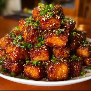 Knuspriges Honig-Knoblauch-Tofu-Gericht auf einem Teller