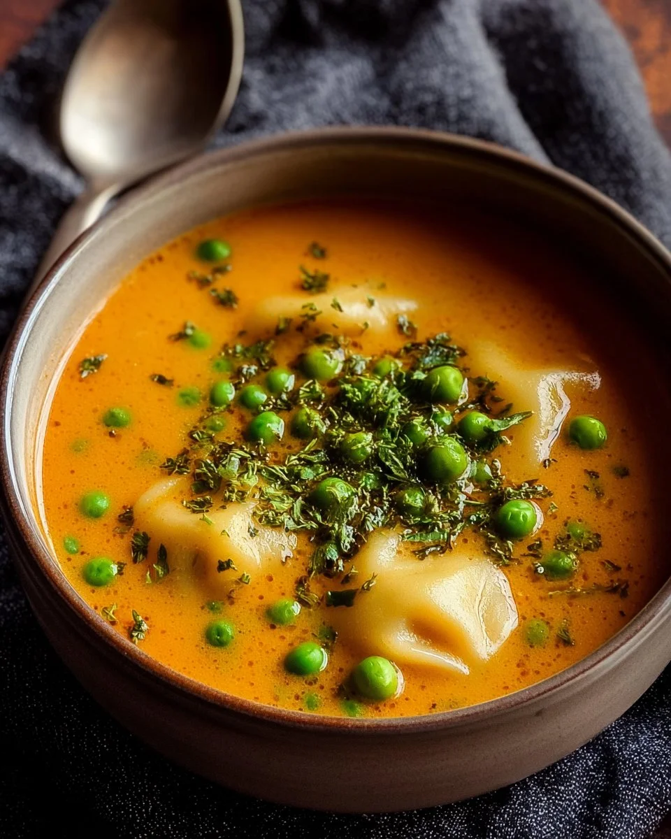 Kokos-Curry-Suppe mit Dumplings auf einem Teller