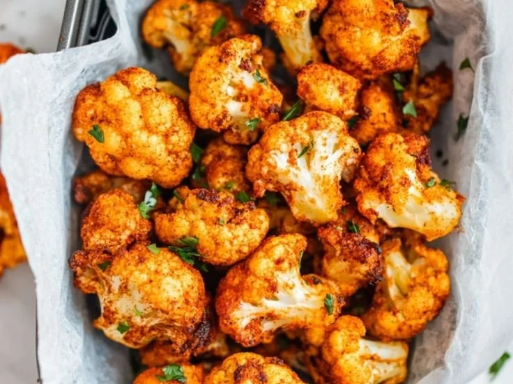 Knuspriger Blumenkohl aus der Luftfritteuse auf einem Teller