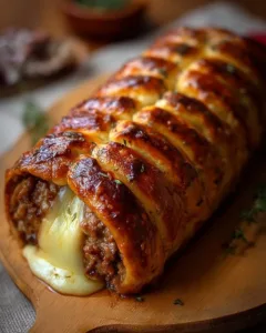 Leckere Hackfleisch-Käse-Rolle frisch aus dem Ofen.