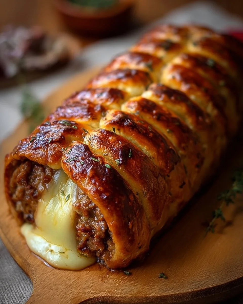 Leckere Hackfleisch-Käse-Rolle frisch aus dem Ofen.