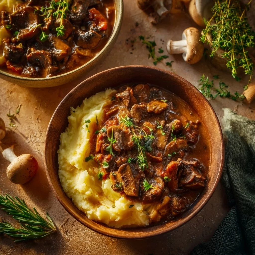 Leckeres Pilzgulasch mit Kartoffelpüree auf einem Teller serviert.