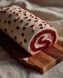 Leckere Rotvelvet Swiss Rolle auf einem weißen Teller serviert.