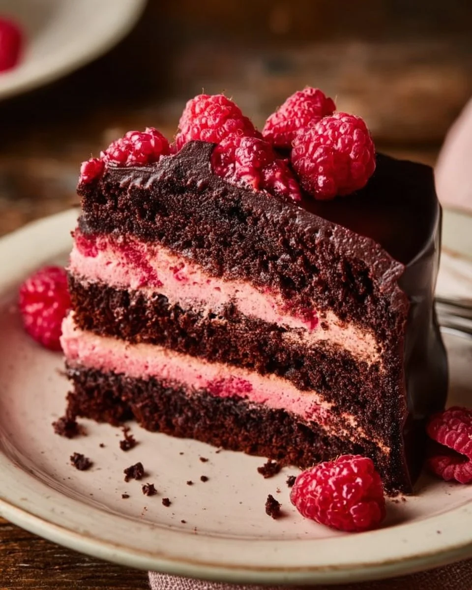 Saftiger Schokoladen-Himbeer-Kuchen mit frischen Himbeeren und Schokoladenglasur