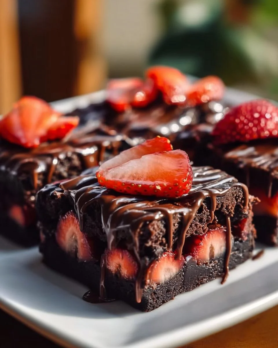 Schokoladenüberzogene Erdbeer-Brownies auf einem weißen Teller