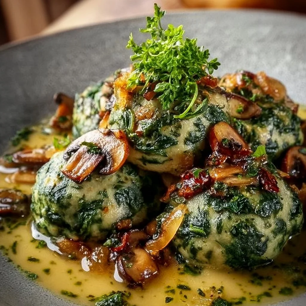 Spinatknödel serviert mit würzigem Pilzragout auf einem Teller