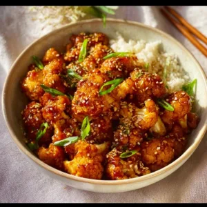Auf einem Teller angerichteter Sticky Sesame Blumenkohl mit Sesamsamen