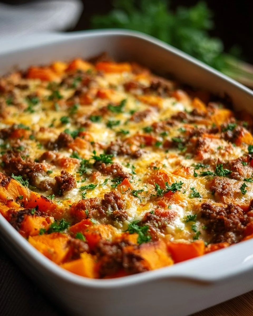 Süßkartoffel-Hackfleisch-Auflauf mit Feta auf einem Teller serviert