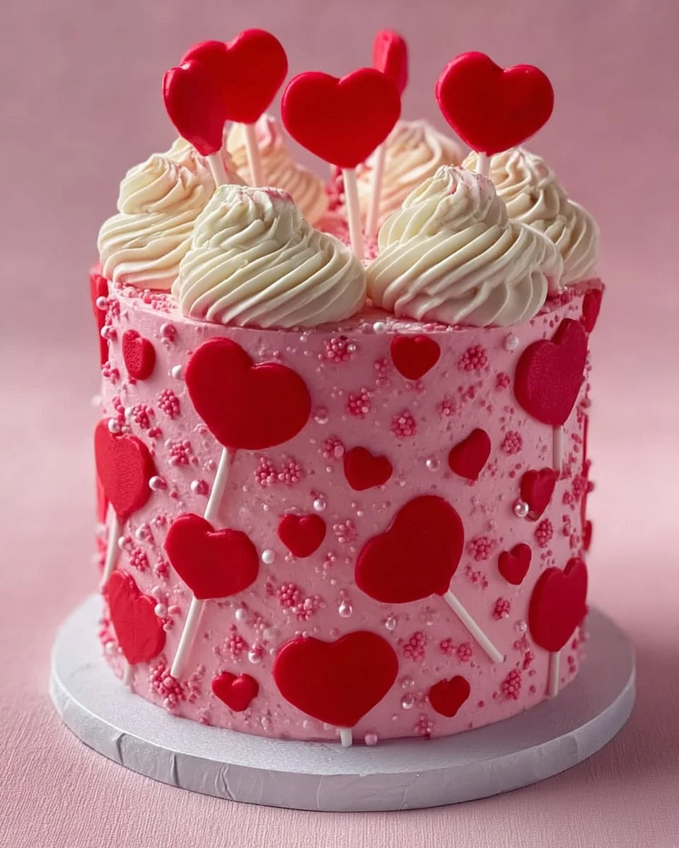 Valentinstags-Lollipop-Kuchen in Herzform auf einem Tisch