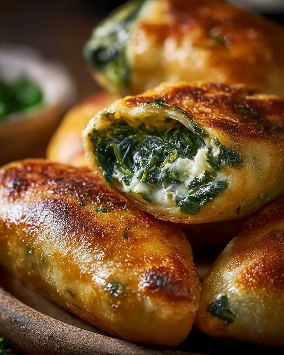 Vegane Kartoffeltaschen mit Spinat-Frischkäse-Füllung auf einem Teller