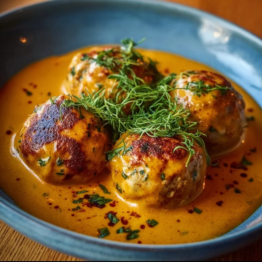Vegane Linsenknödel mit Curry-Sauce auf einem Teller serviert.