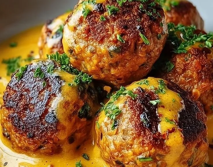 Vegane Linsenknödel in einer aromatischen Curry-Sauce serviert auf einem Teller