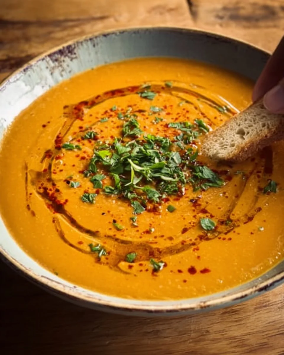 Vegane türkische rote Linsensuppe in einer Schüssel serviert mit frischen Kräutern.