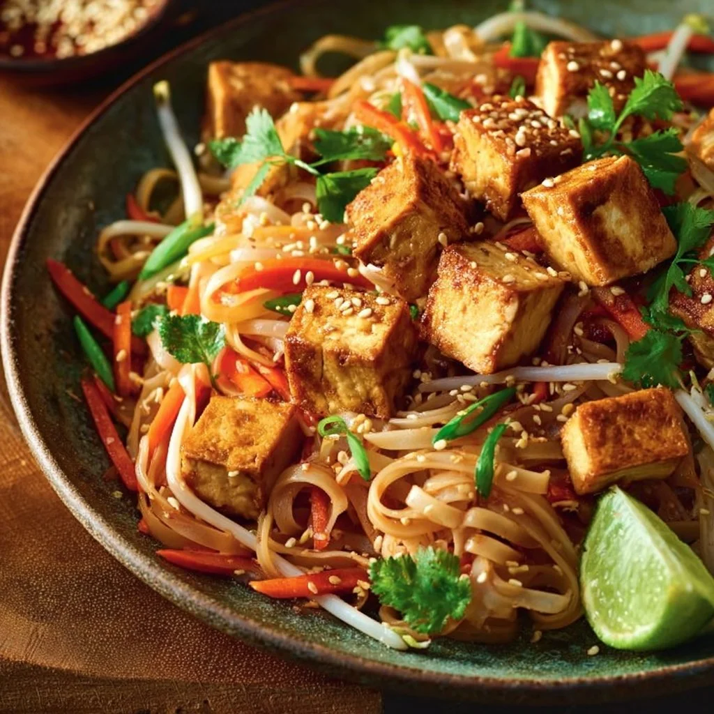 Vegan Pad Thai mit Tofu und Erdnusssauce auf einem Teller serviert