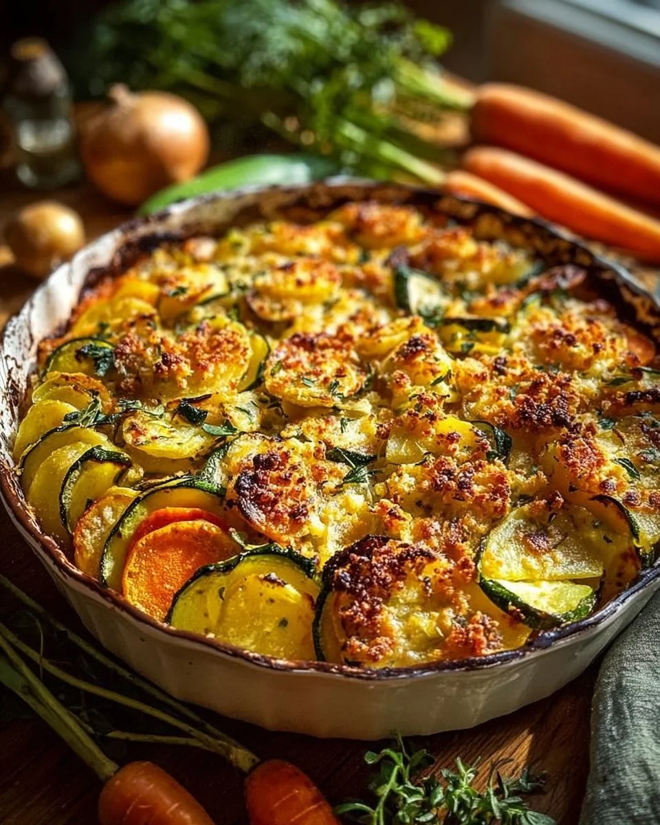 Leckerer vegetarischer Kartoffelauflauf mit Gemüse und Käse überbacken