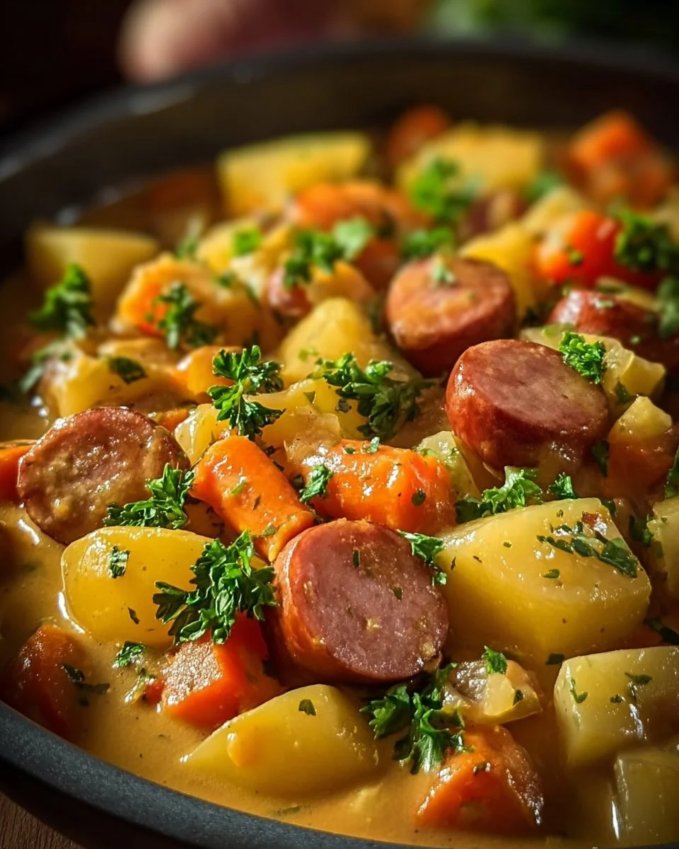 Würziger Kartoffel-Wurst-Eintopf mit frischen Zutaten in einem Topf.