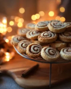 Frisch gebackene Zimtschneckenplätzchen auf einem Holzbrett