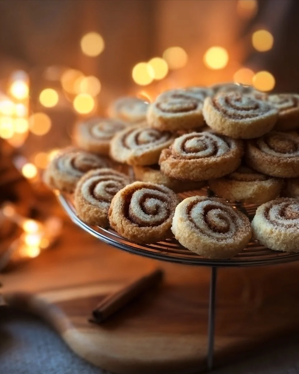 Frisch gebackene Zimtschneckenplätzchen auf einem Holzbrett