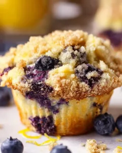 Zitronen-Blaubeer-Muffins mit Streuseln auf einem weißen Teller