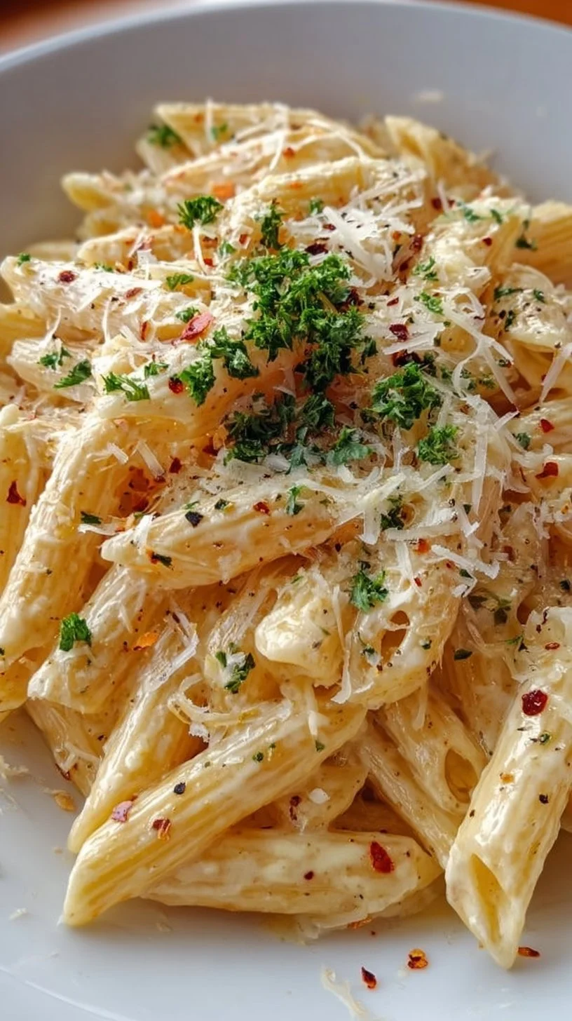 Eine köstliche Schüssel cremiger Knoblauch-Pasta mit frischen Zutaten.
