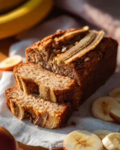 Bananenbrot mit Apfel auf einem Holzbrett serviert