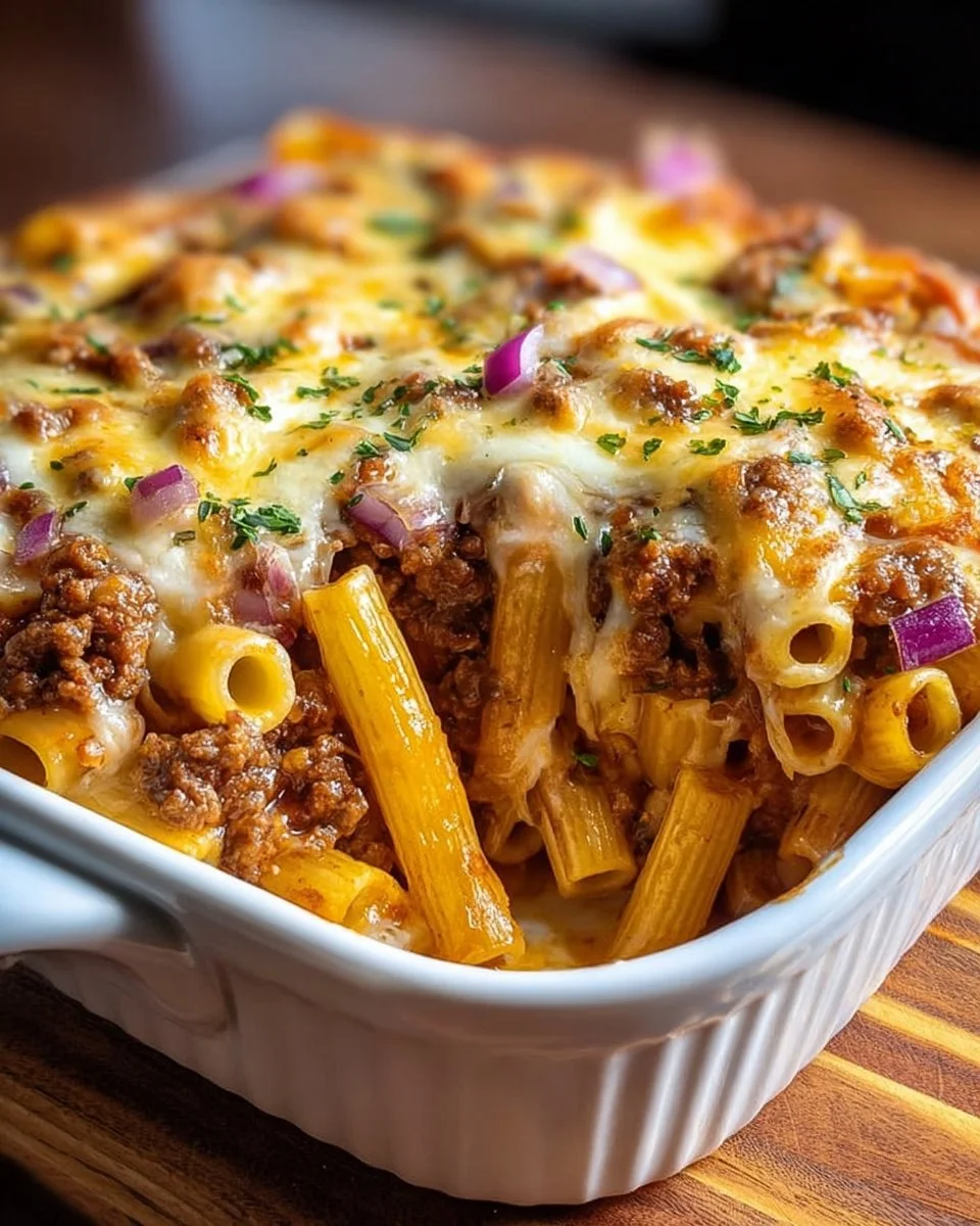 Big Mac Nudelauflauf mit Kult-Dressing auf einem Teller serviert