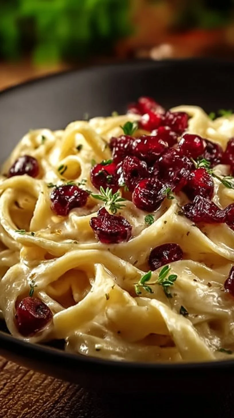 Brie-Pasta mit Preiselbeeren in einer eleganten Servier-Schale