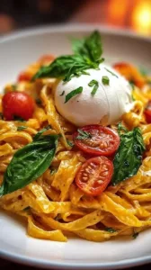 Burrata Pasta mit frischen Tomaten serviert in einer Schüssel
