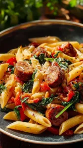 Leckere Cajun Wurst Pasta mit würzigen Zutaten auf einem Teller serviert.