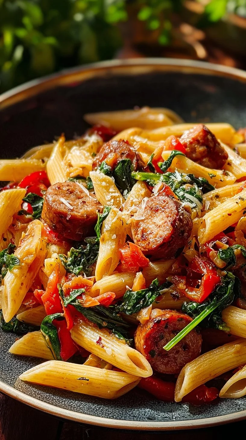 Leckere Cajun Wurst Pasta mit würzigen Zutaten auf einem Teller serviert.