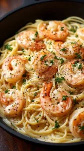 Schüssel mit cremiger Garnelen-Pasta, die mit frischen Zutaten zubereitet wurde.