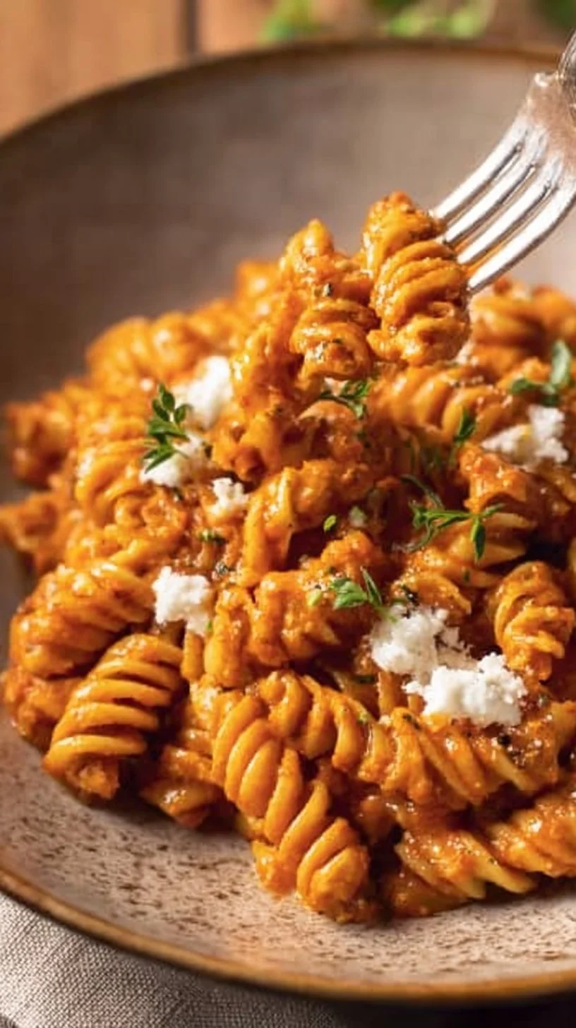 Cremige Pasta mit bunter Gemüse-Soße auf einem weißen Teller
