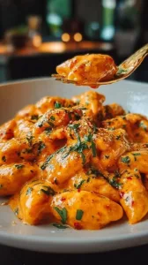 Leckere cremige Tomaten-Knoblauch-Pasta in einer Schüssel serviert