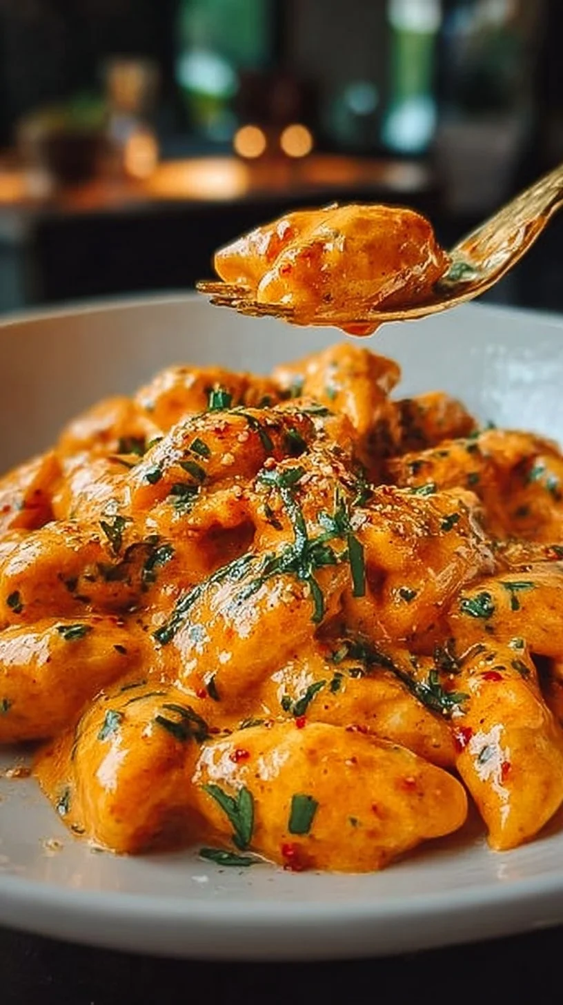 Leckere cremige Tomaten-Knoblauch-Pasta in einer Schüssel serviert