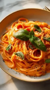 Cremige Tomatennudeln mit frischen Zutaten auf einem Teller serviert.