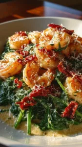 Cremige toskanische Garnelen mit Spinat und getrockneten Tomaten auf einem Teller