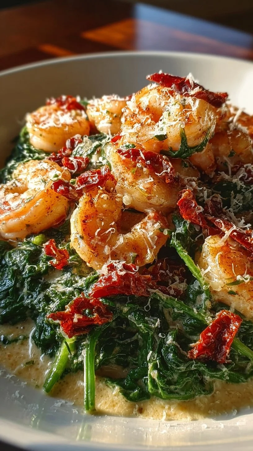 Cremige toskanische Garnelen mit frischem Spinat und getrockneten Tomaten