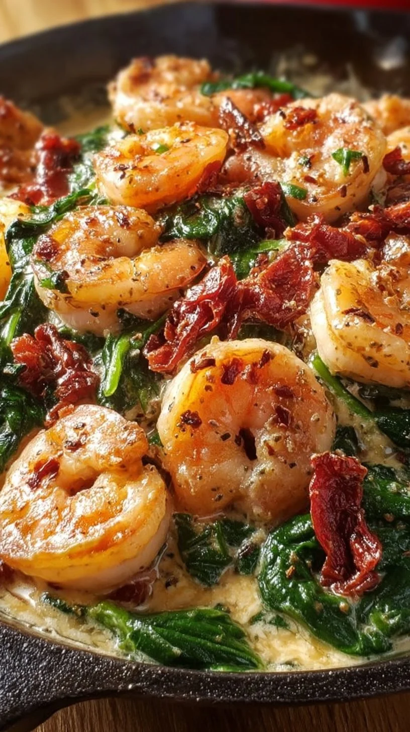 Cremige toskanische Garnelen mit frischem Spinat und getrockneten Tomaten