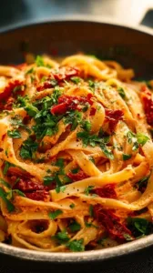 Cremige vegane Pasta mit getrockneten Tomaten auf einem Teller
