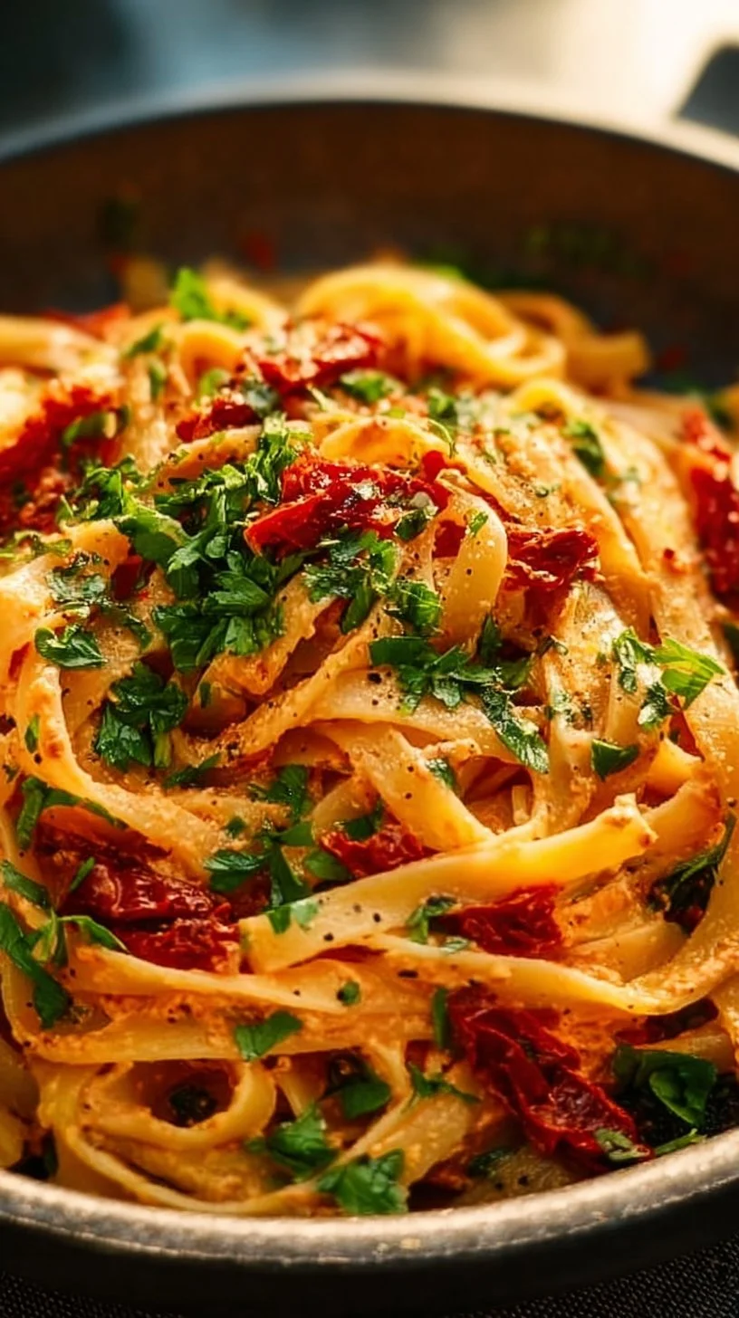 Cremige vegane Pasta mit getrockneten Tomaten auf einem Teller