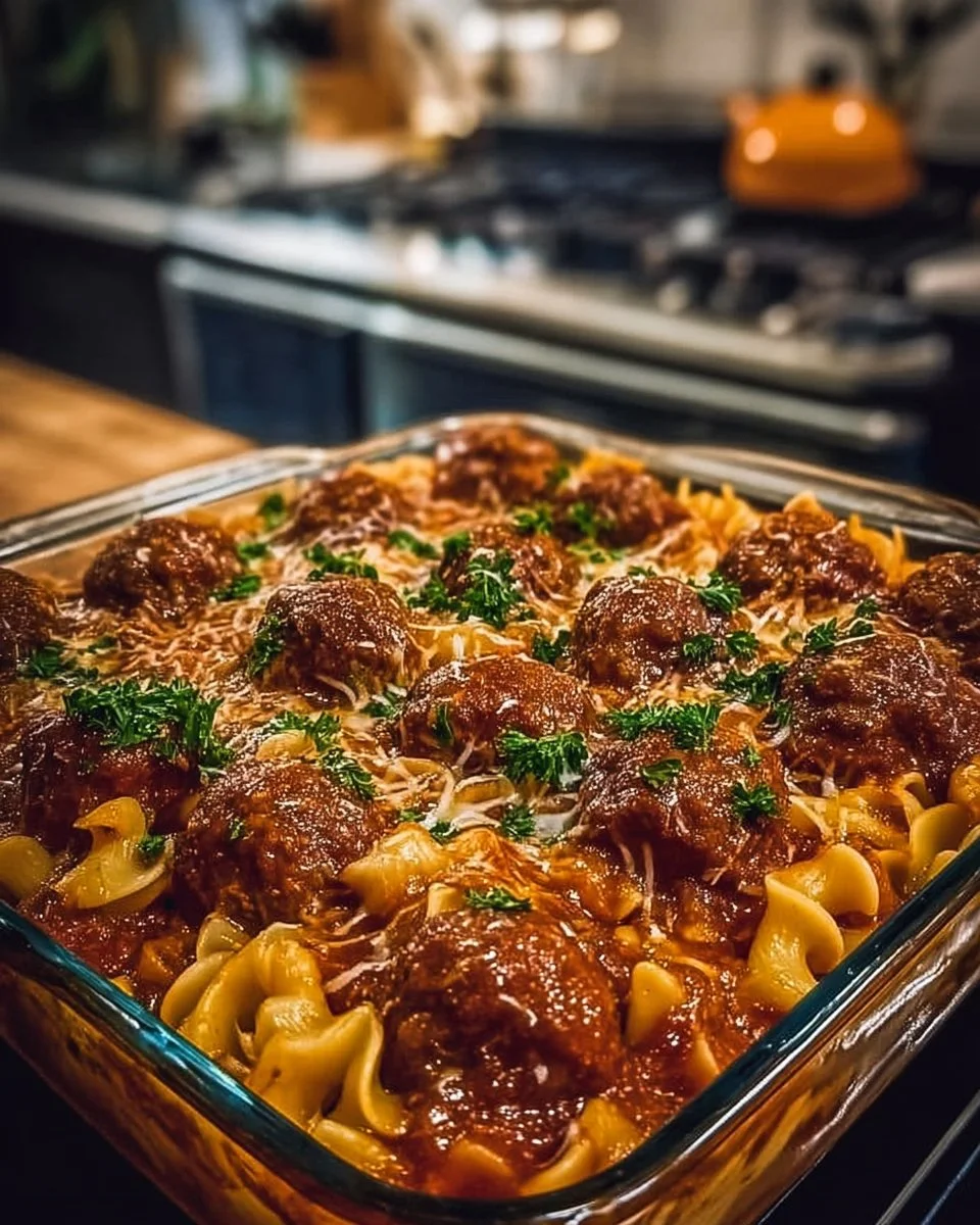 Leckere Fleischbällchen und Nudelauflauf auf einem Teller serviert
