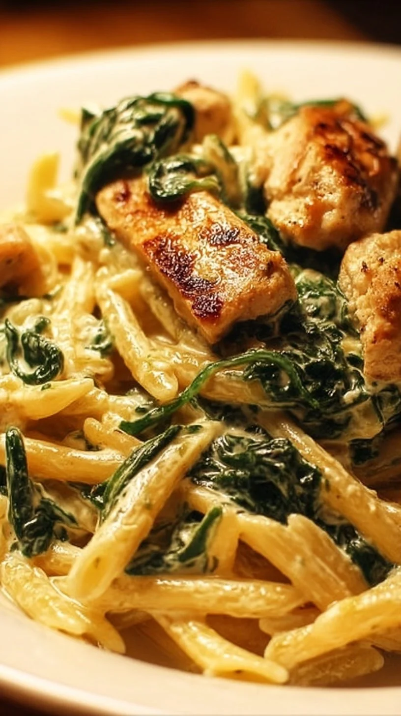 Frischkäse Spinat Hähnchen Pasta in einer weißen Schüssel serviert